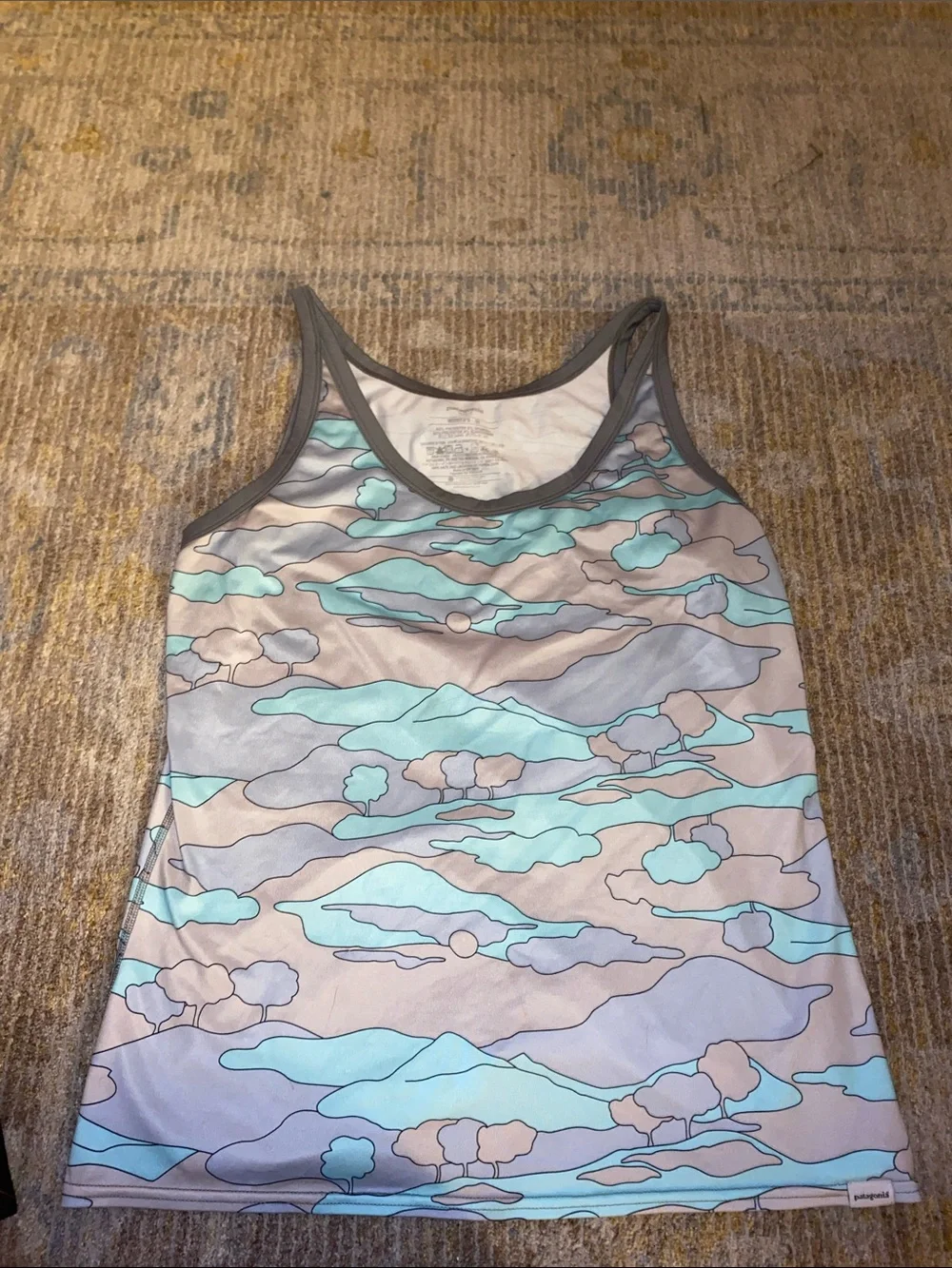 Patagonia Aqua and Gray Cloud-Pattern Swim Tank